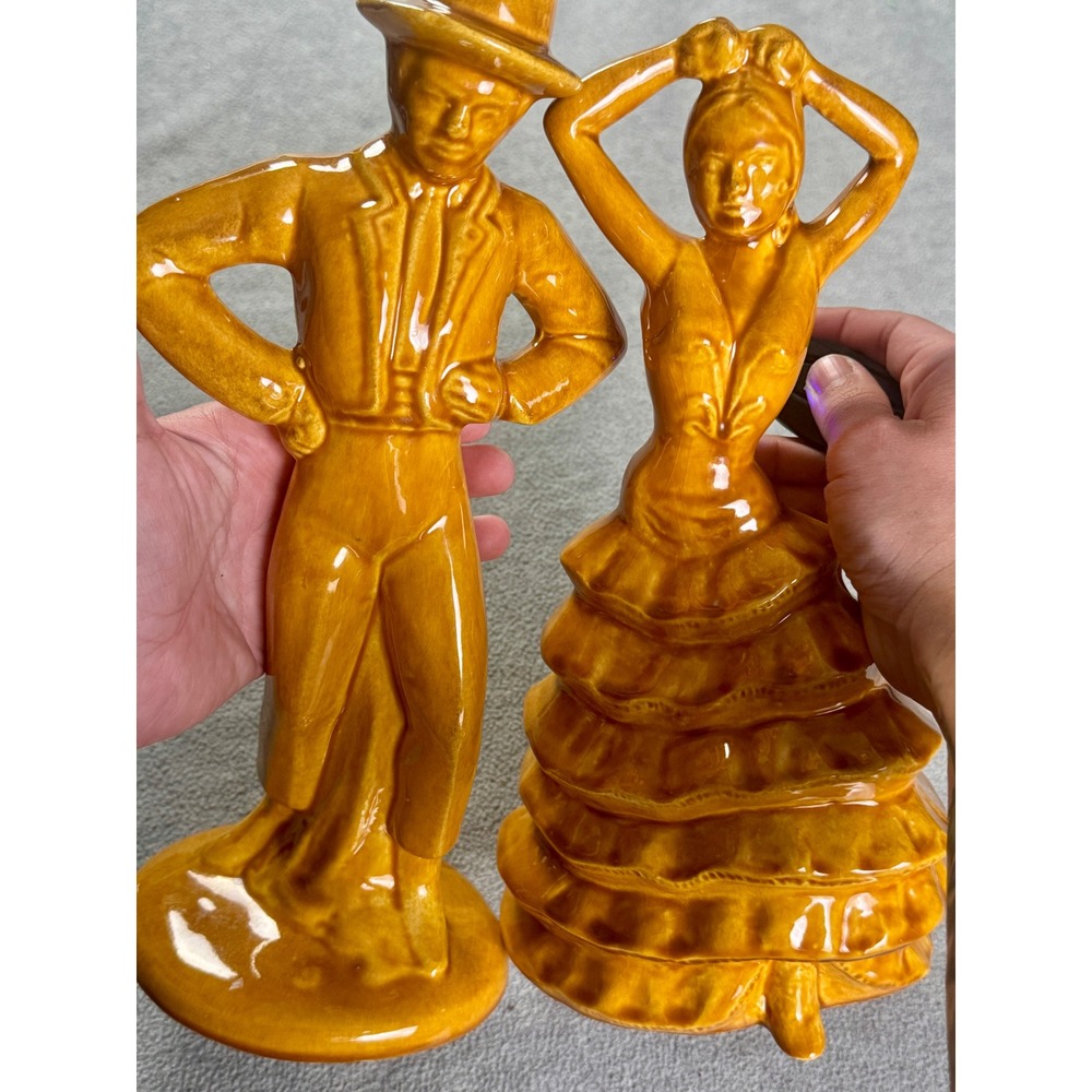 Vintage Spanish Flamenco Dancer Ceramic Figurine Set Yellow Ochre Glaze Pottery
